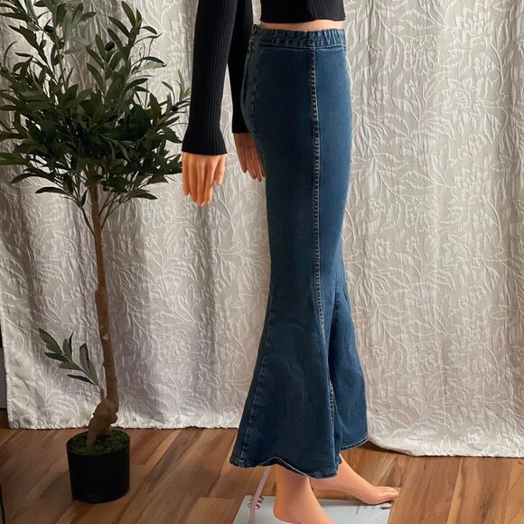 Zealous Yarnn Studios Denim Fishtail Mermaid Flare Midi Jean Skirt Size S - Picture 3 of 8